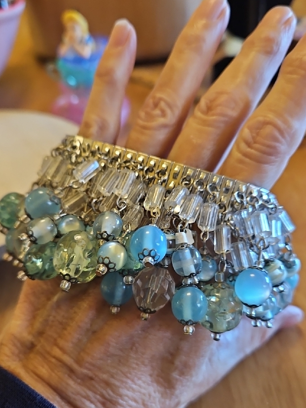 Vintage cha-cha bracelet Silver Tone expansion Teal green and Clear crystals - Picture 5 of 7